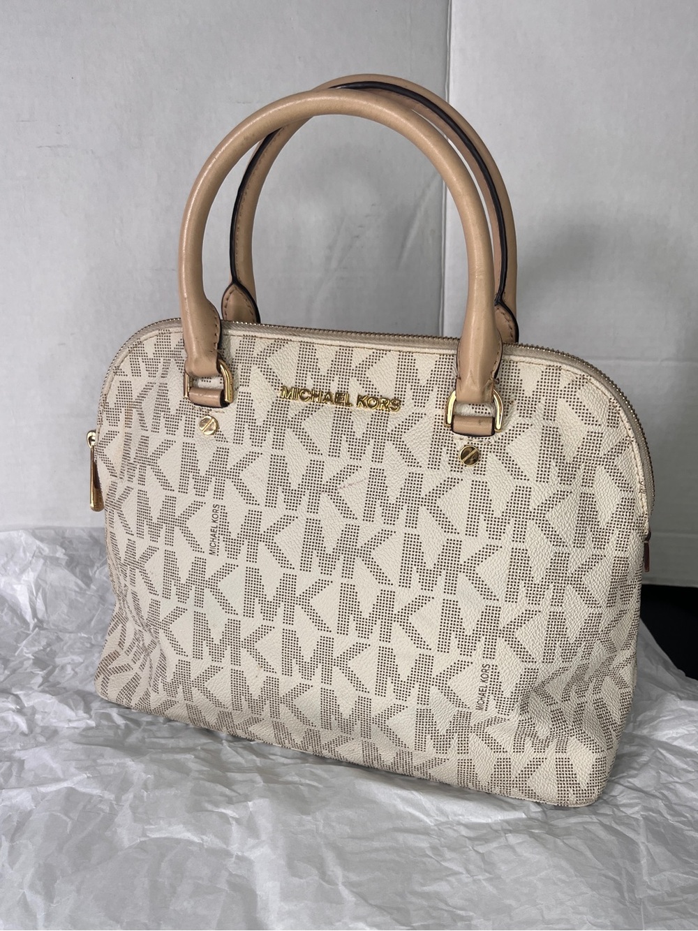 Michael Kors Beige Signature Coated Canvas Cindy Dome Satchel PRE LOVED